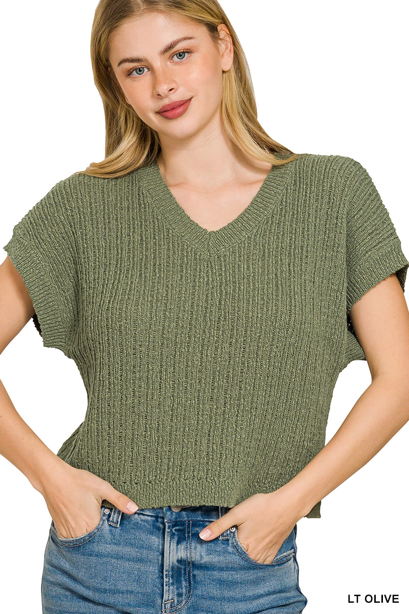 Zenana Textured Knit V-Neck Cropped Sweater LT OLIVE
