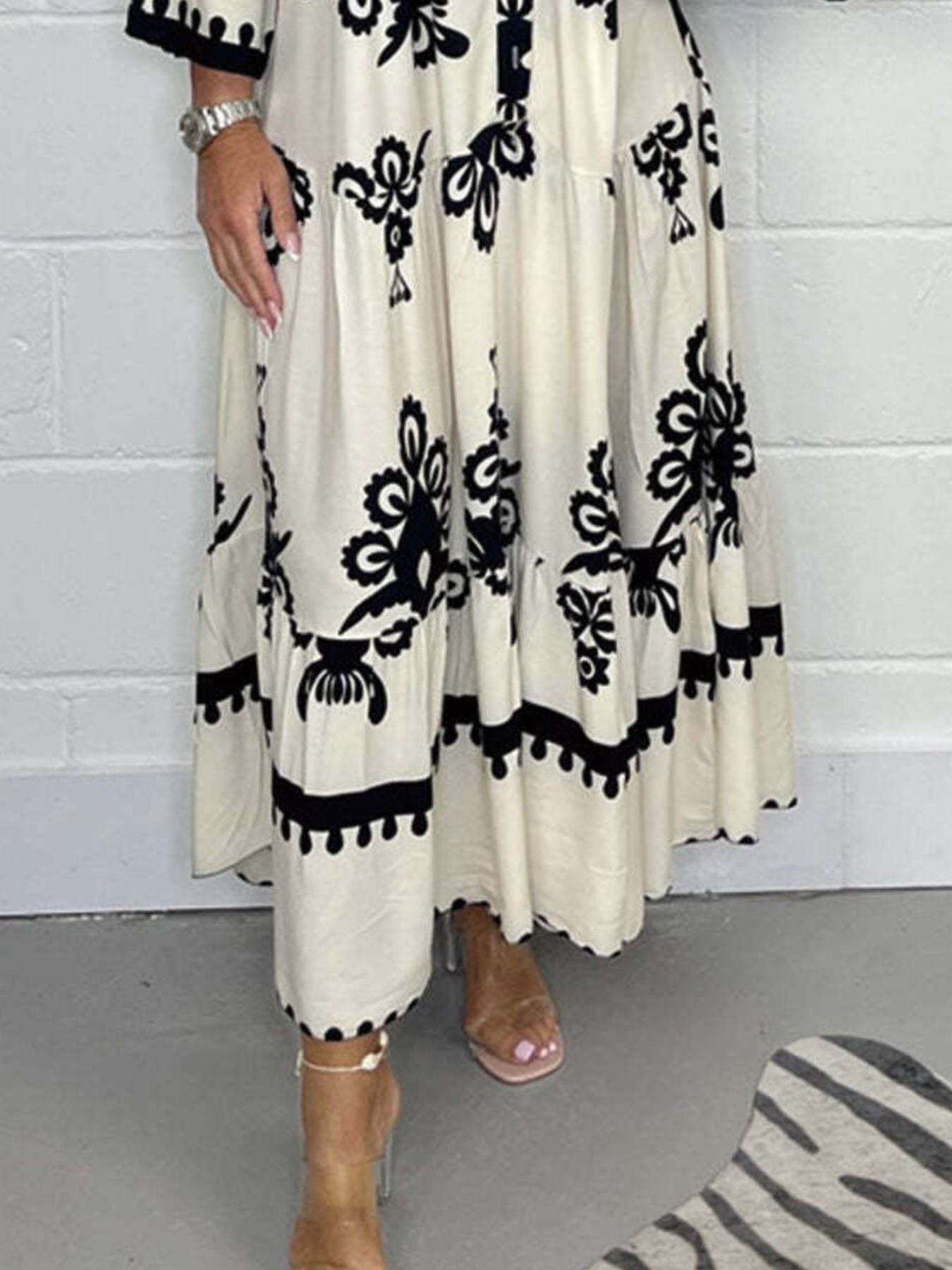 Full Size Printed Notched 3/4 Sleeve Midi Dress Plus Size