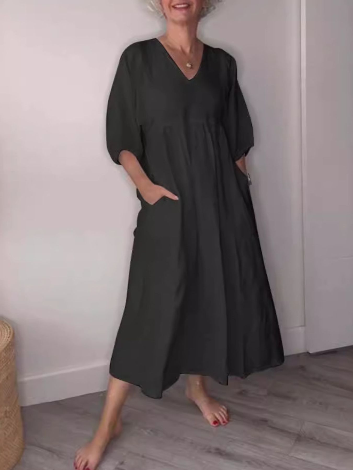 Full Size V-Neck Loose Fit Midi Dress with Pockets Plus Size Black