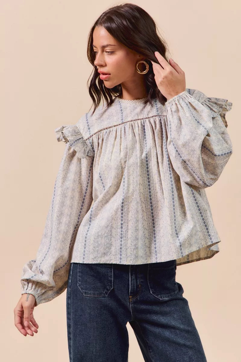 SO ME Floral Cotton Print Ruffled Long Sleeve Blouse