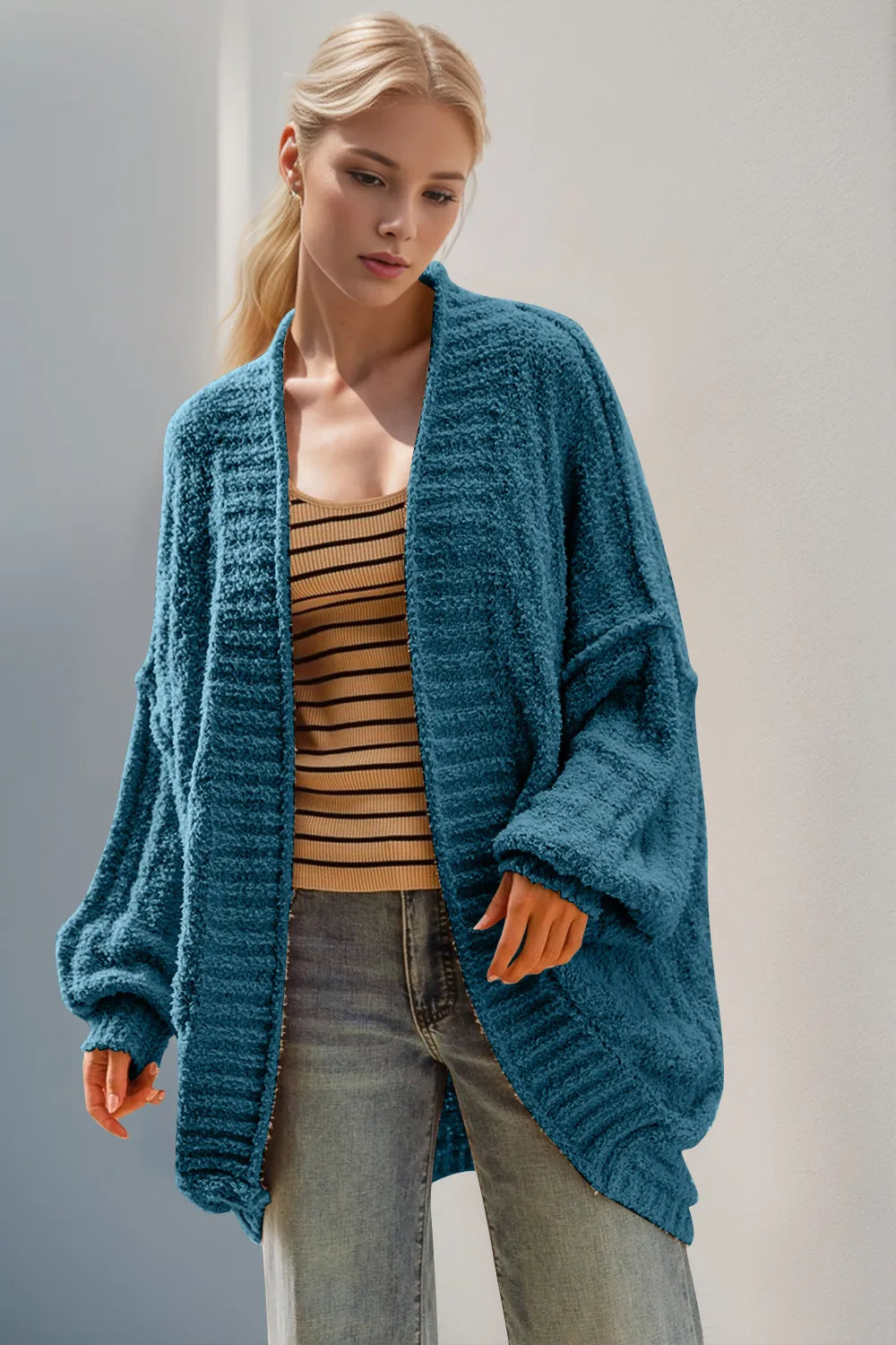 Double Take Full Size Open Front Long Sleeve Cardigan Cerulean