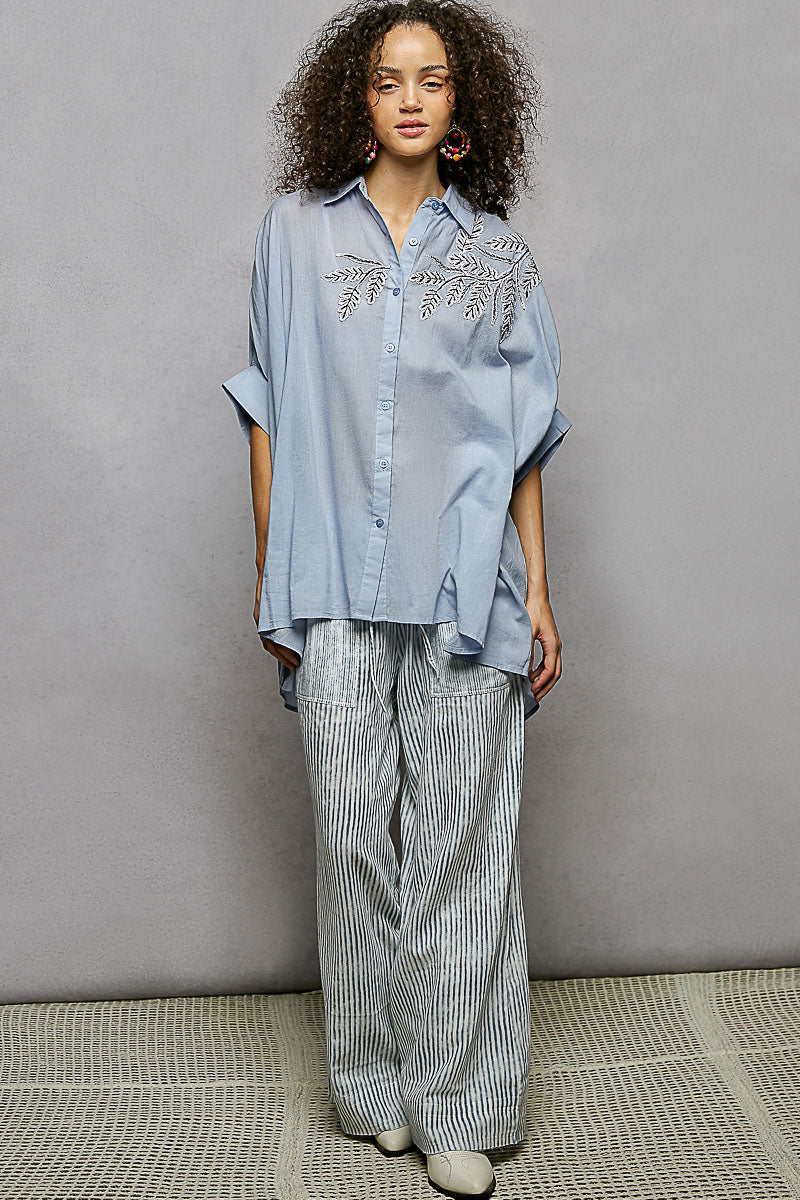 POL Button Down Embroidered Floral High-Low Hem Shirt