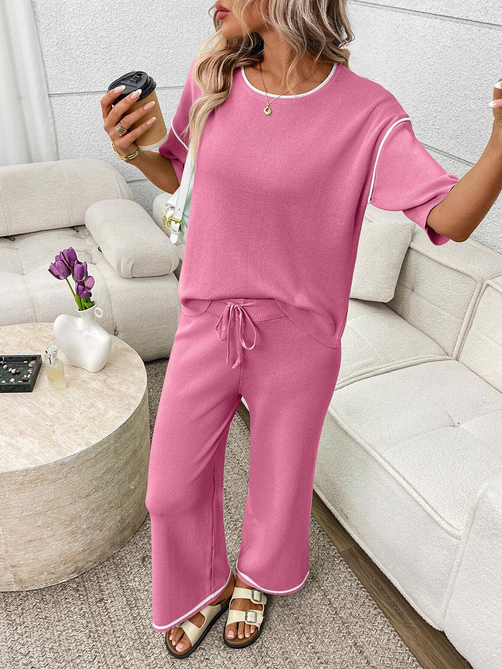 Round Neck Half Sleeve Top and Pants Set