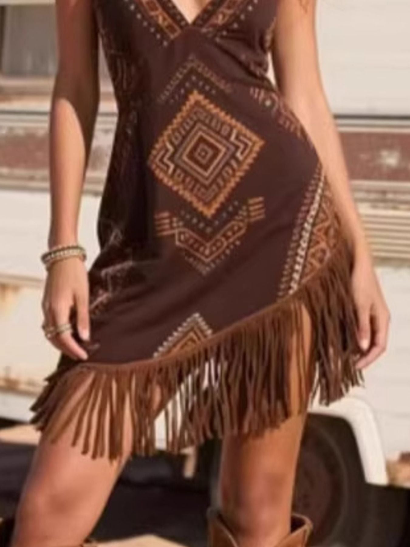 Fringe Trim Geometric Mini Dress