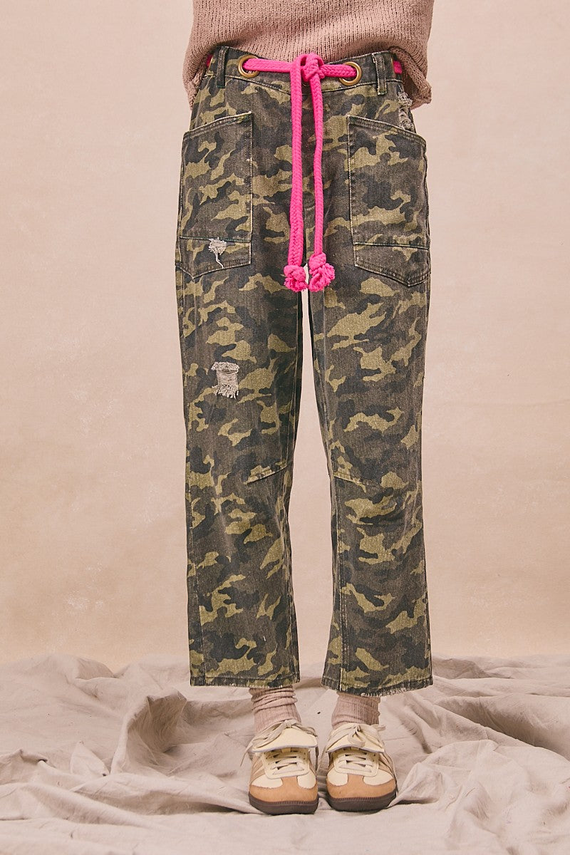 BiBi Braided Waist Belt Patch Pockets Camouflage Print Pants CAMOUFLAGE