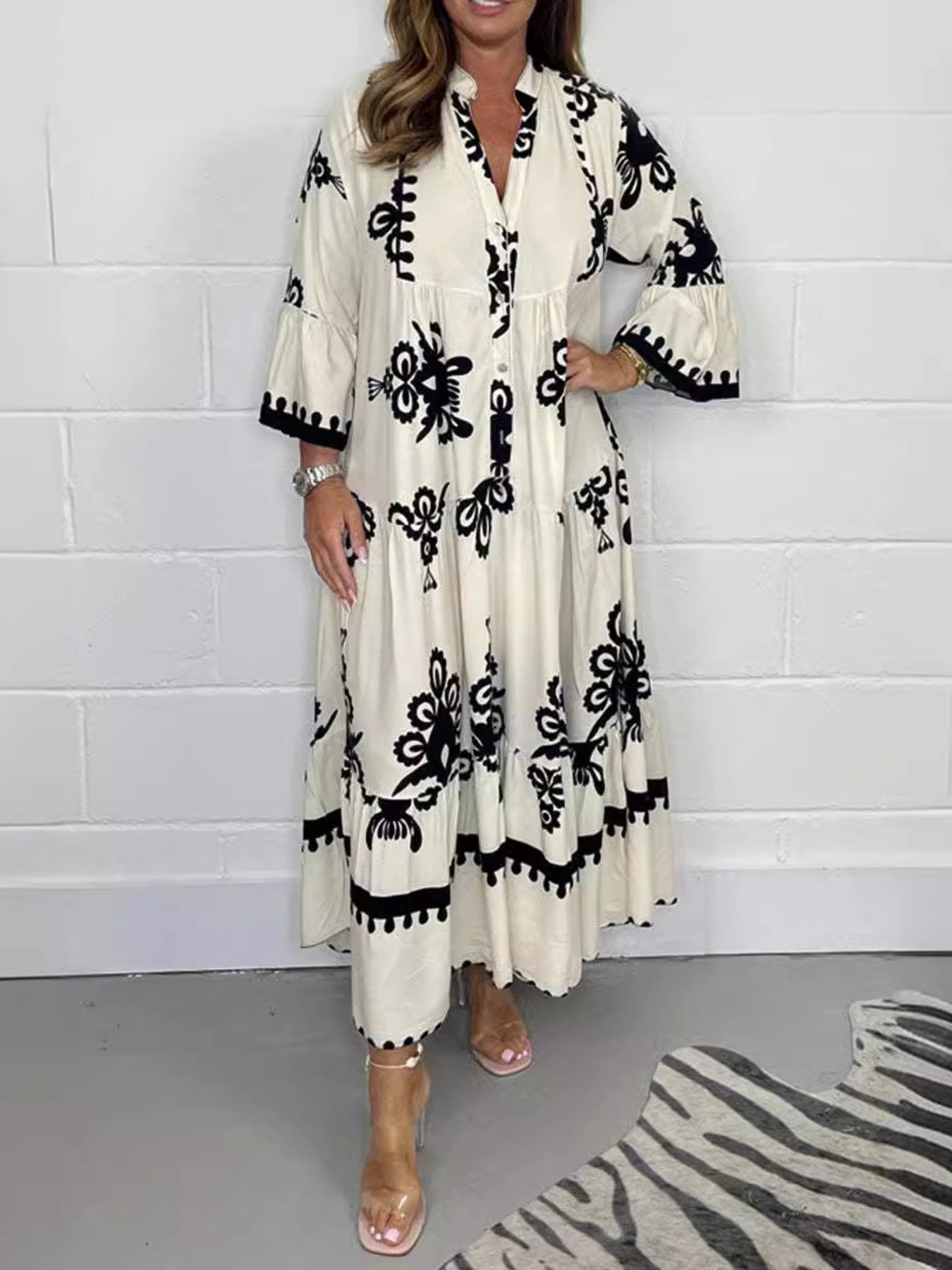 Full Size Printed Notched 3/4 Sleeve Midi Dress Plus Size Off-white