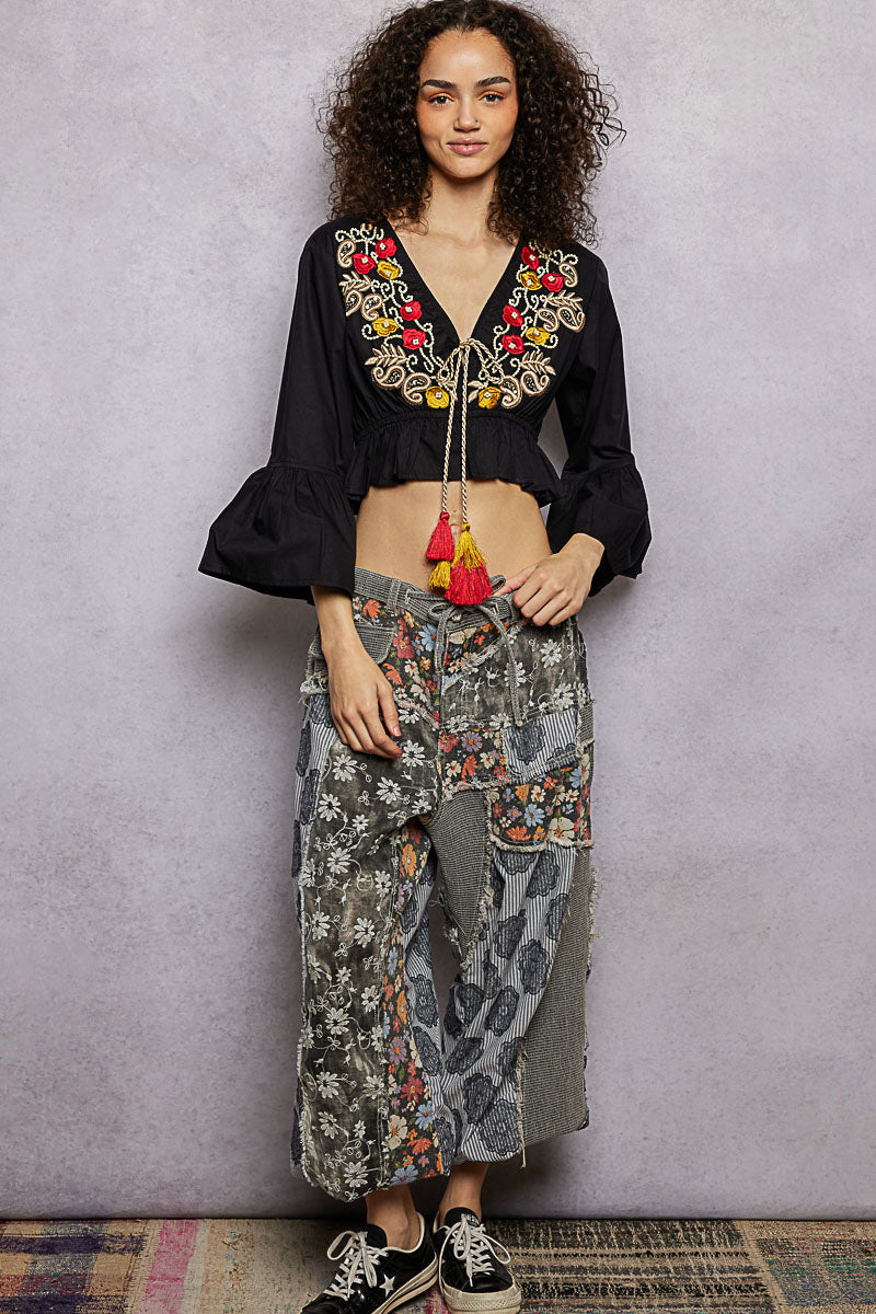 POL Floral Embroidered Cropped Blouse