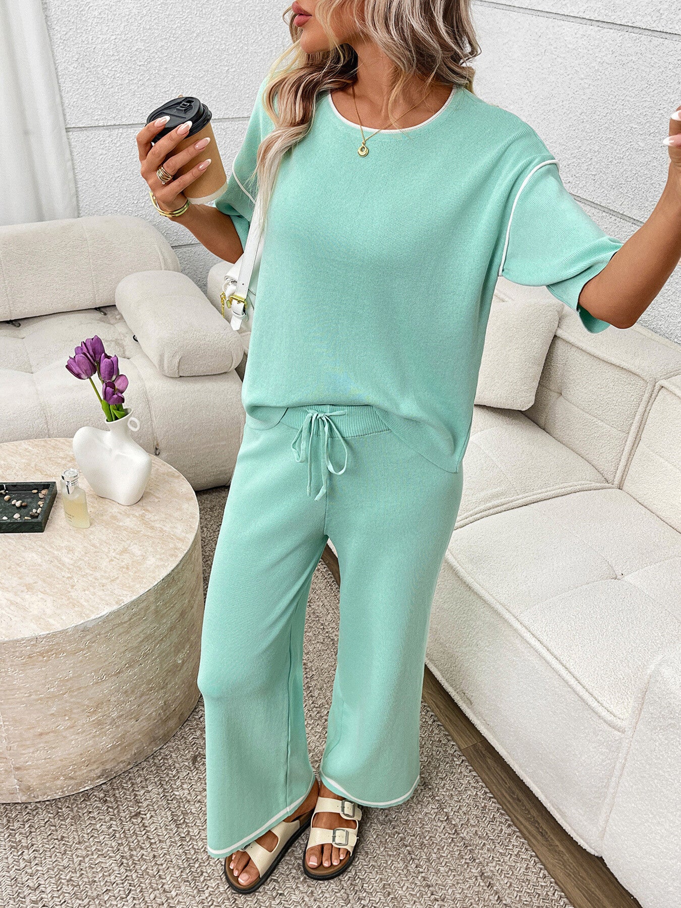Round Neck Half Sleeve Top and Pants Set