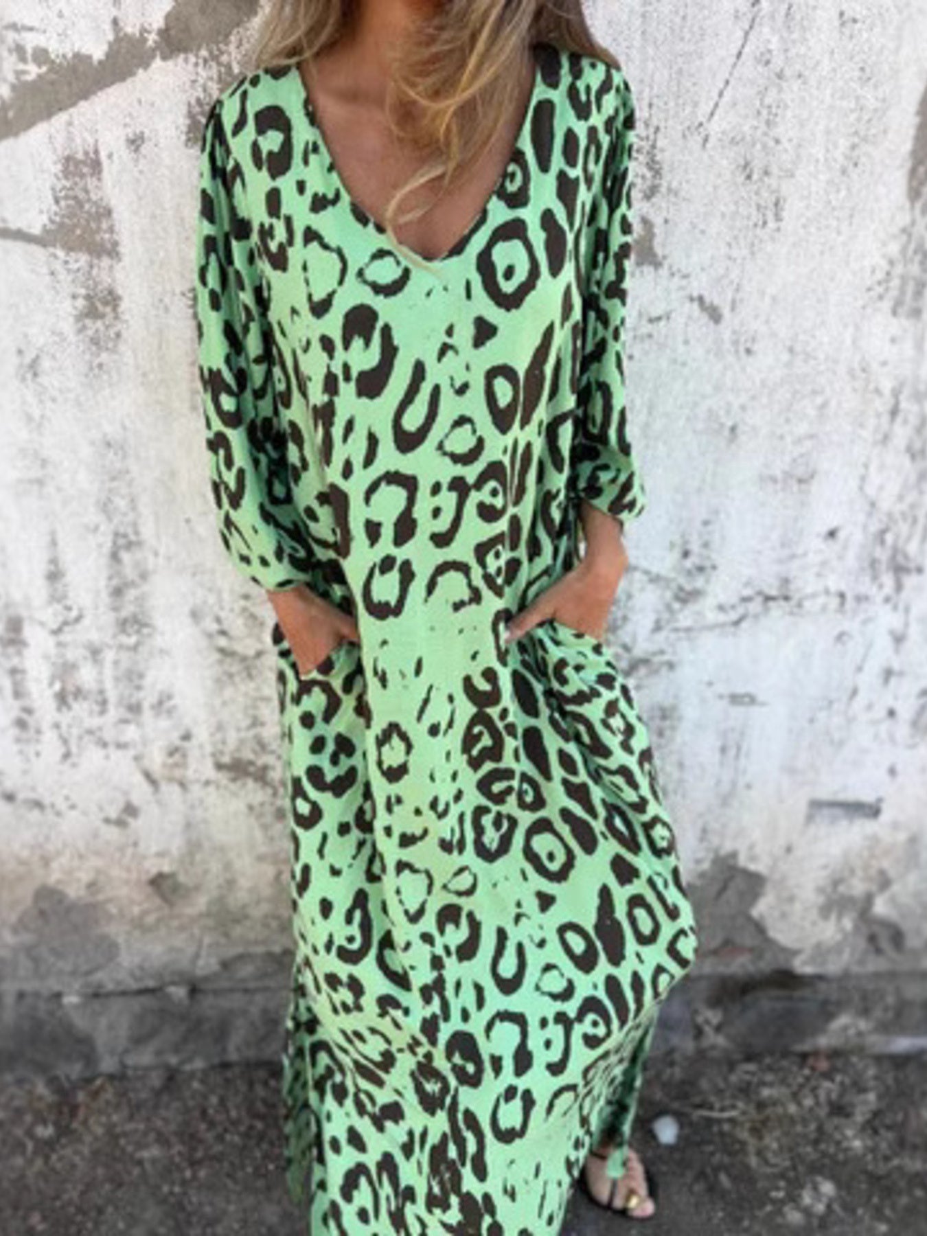 Full Size Leopard Print V-Neck Maxi Dress Plus Size Gum Leaf