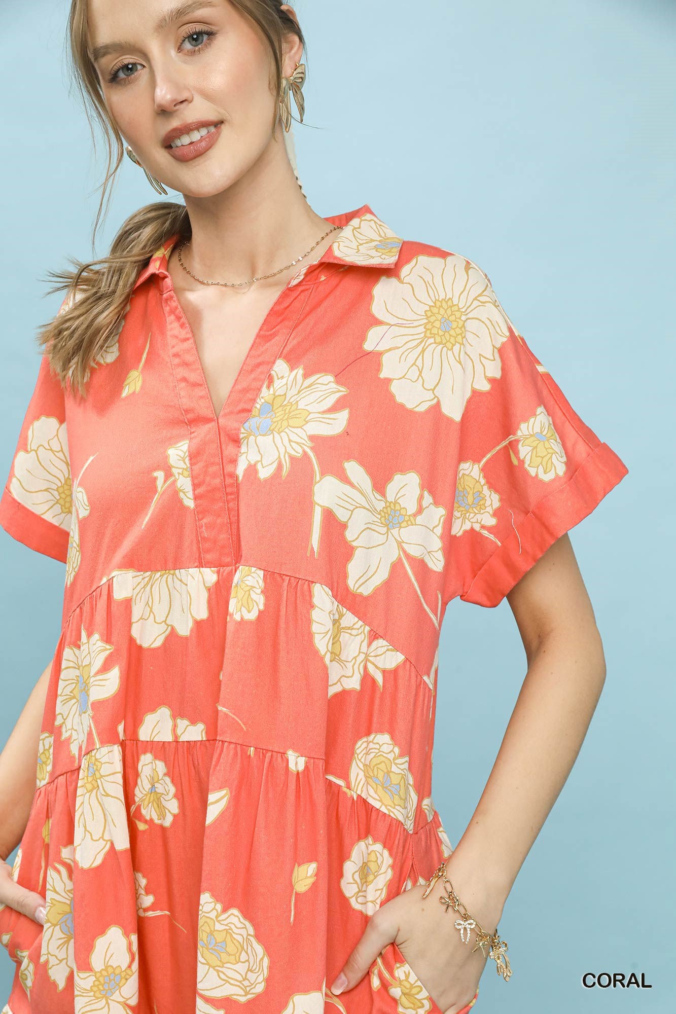 Umgee Floral Tiered Collared Babydoll Dress