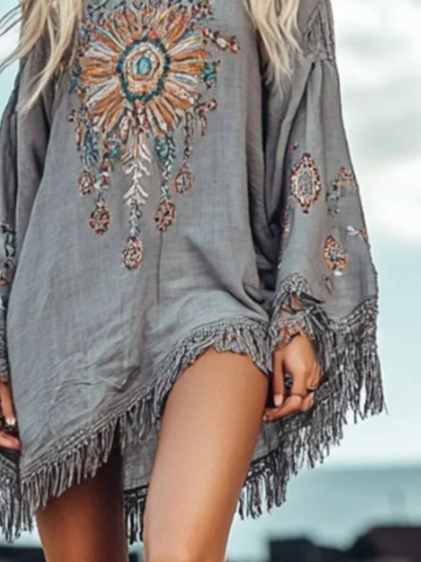 Fringe Hem Long Sleeve Mini Dress