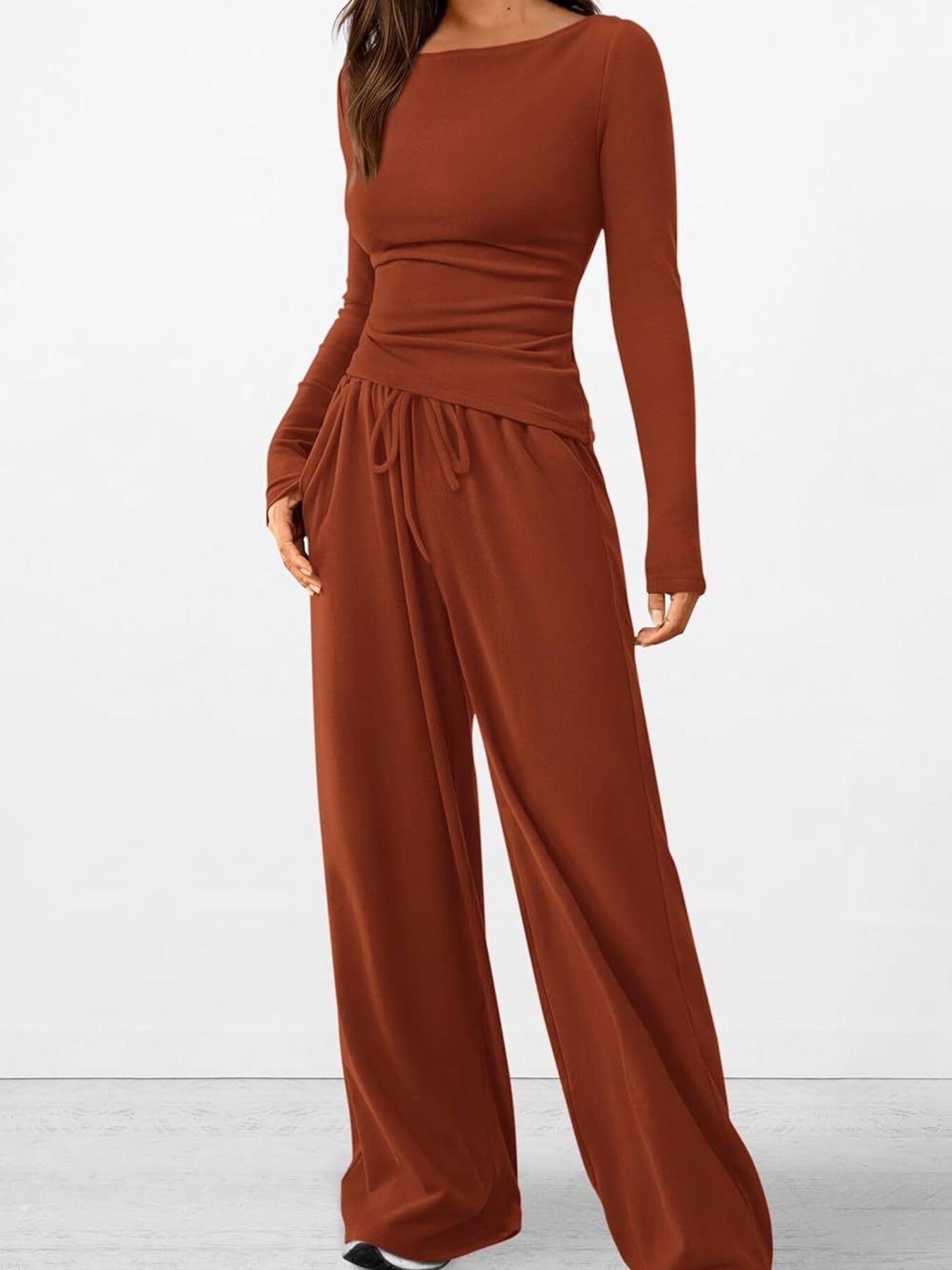 Round Neck Long Sleeve Top and Pants Set