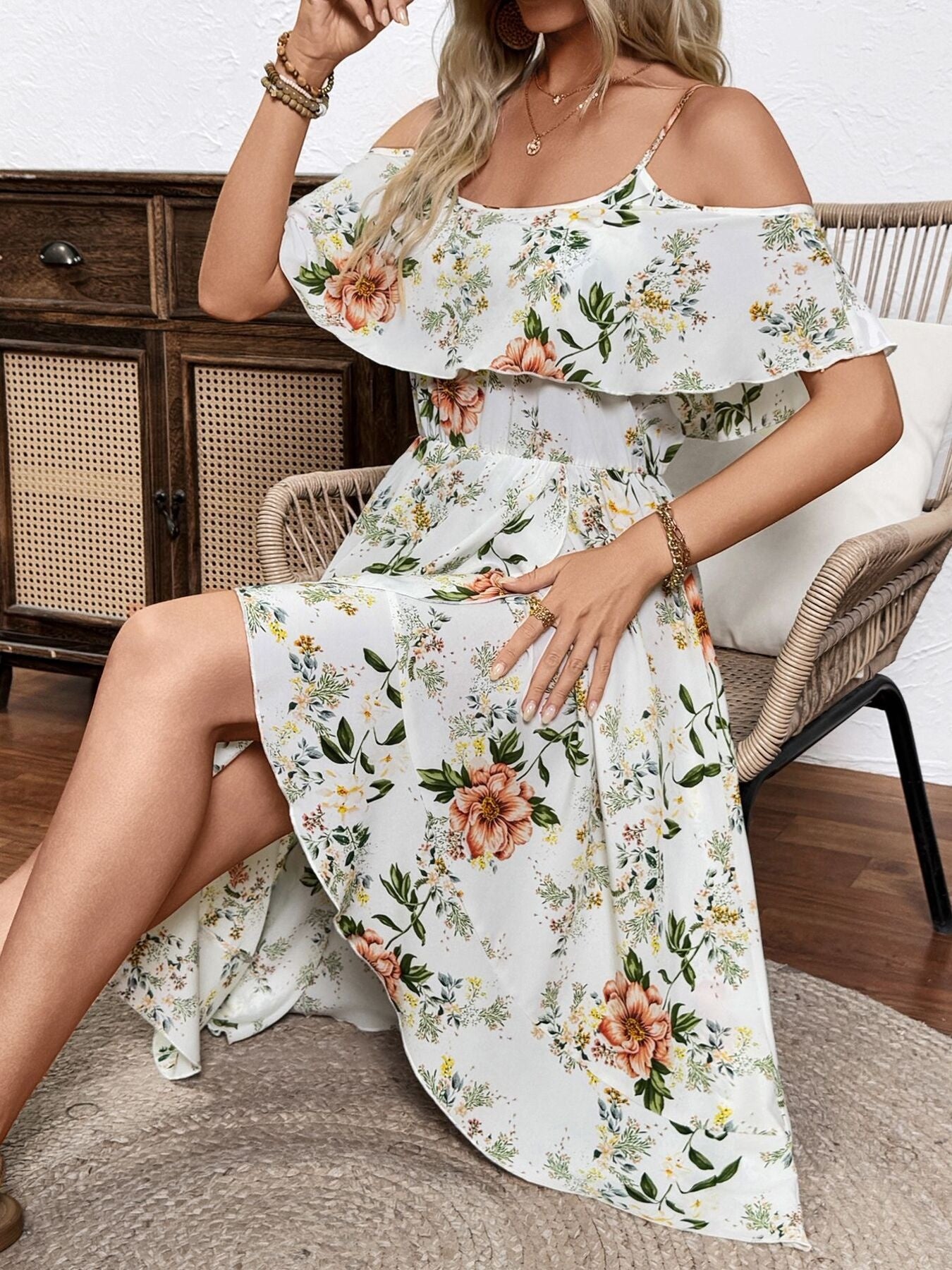 Floral Print Cold Shoulder Cami Dress White