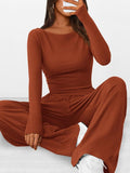 Round Neck Long Sleeve Top and Pants Set Brick Red