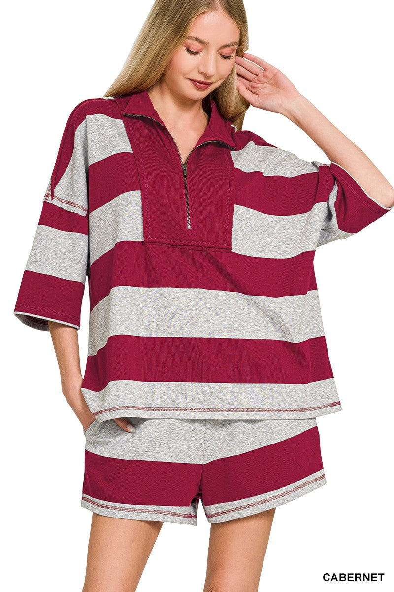 Zenana Frenchterry Striped Half Zip Top & Shorts Set CABERNET
