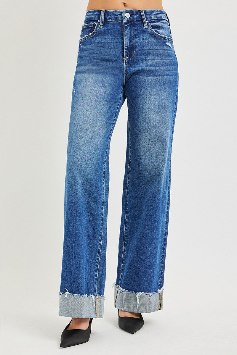 RISEN High Rise Wide Leg Jeans With Cuffed Hem MEDIUM