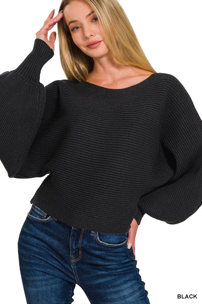 Zenana Boat Neck Balloon Sleeve Sweater