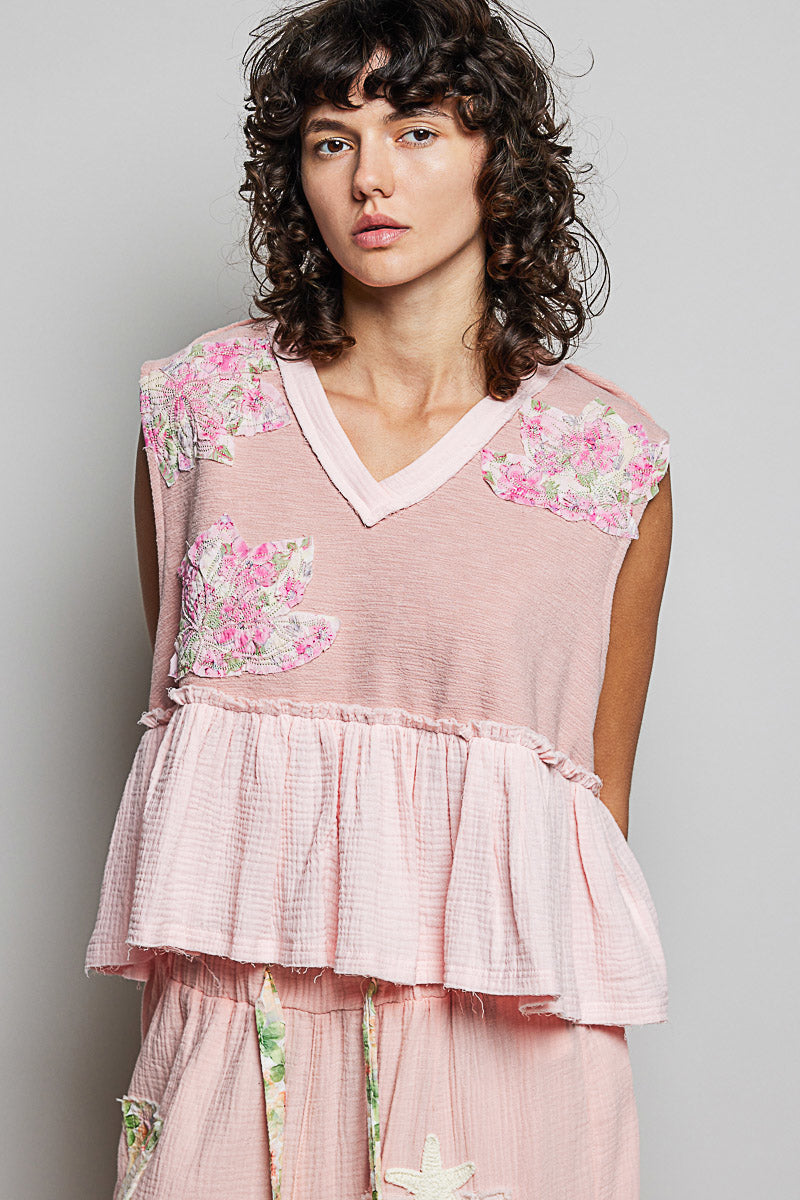 POL Floral Patch Ruffled Sleeveless Top with Raw Edge Detail