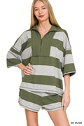 Zenana Frenchterry Striped Half Zip Top & Shorts Set DK OLIVE