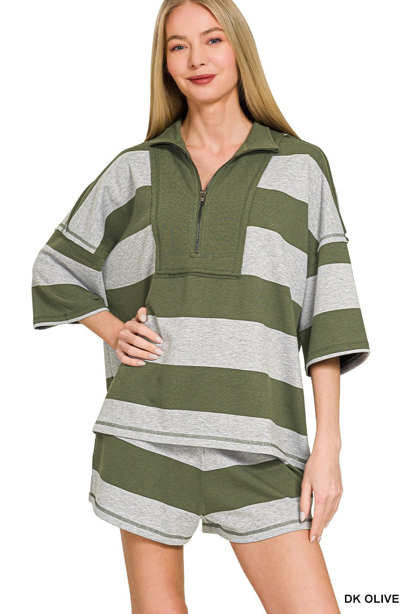 Zenana Frenchterry Striped Half Zip Top & Shorts Set DK OLIVE