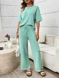 Round Neck Half Sleeve Top and Pants Set Light Green