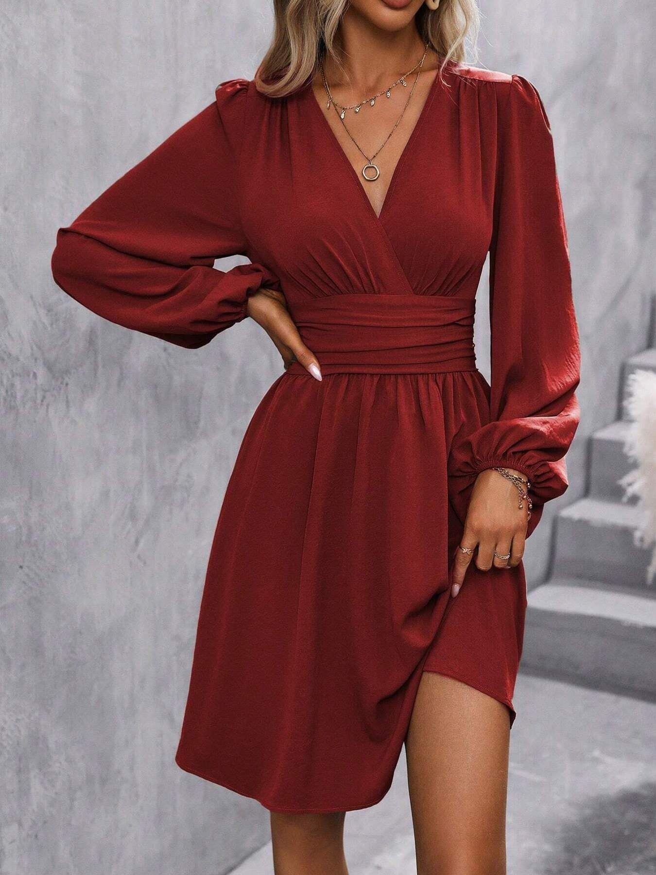 Floral Print V-Neck Long Sleeve Mini Dress Wine Red