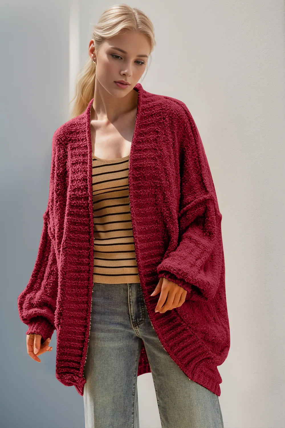 Double Take Full Size Open Front Long Sleeve Cardigan Deep Red
