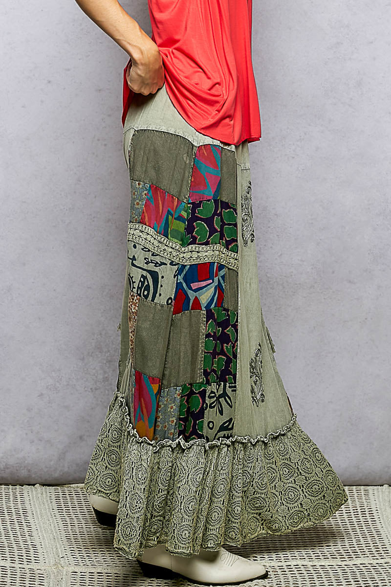 POL Printed Patchwork Embroidered Ruffled Skirt