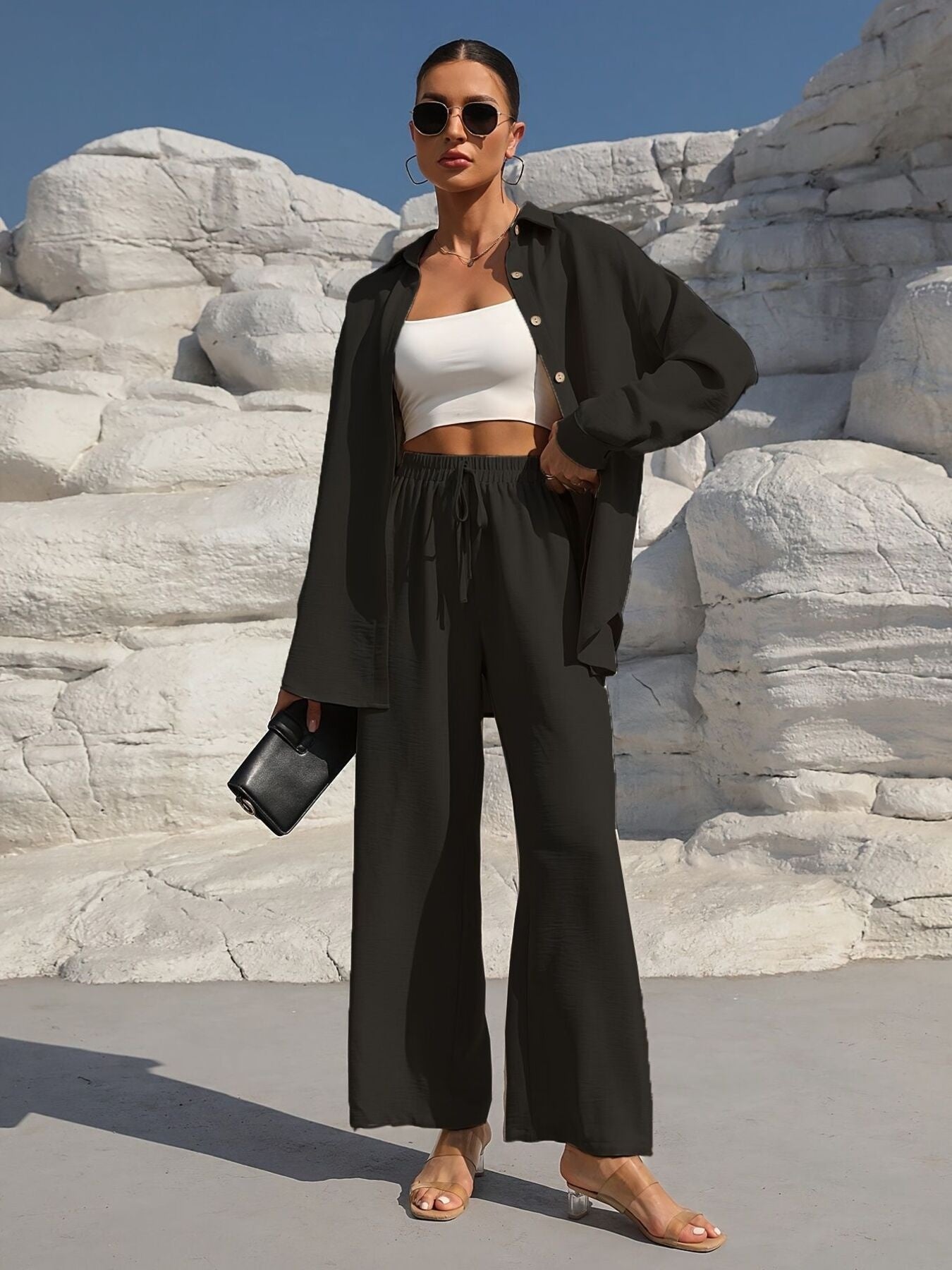 Button Up Long Sleeve Shirt and Pants Set Black