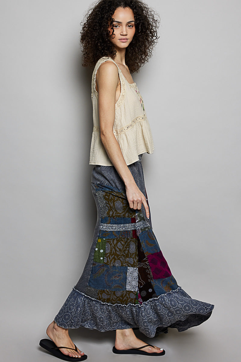 POL Printed Patchwork Embroidered Ruffled Skirt