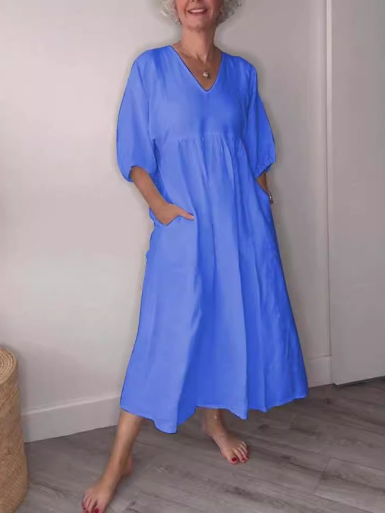 Full Size V-Neck Loose Fit Midi Dress with Pockets Plus Size Blue