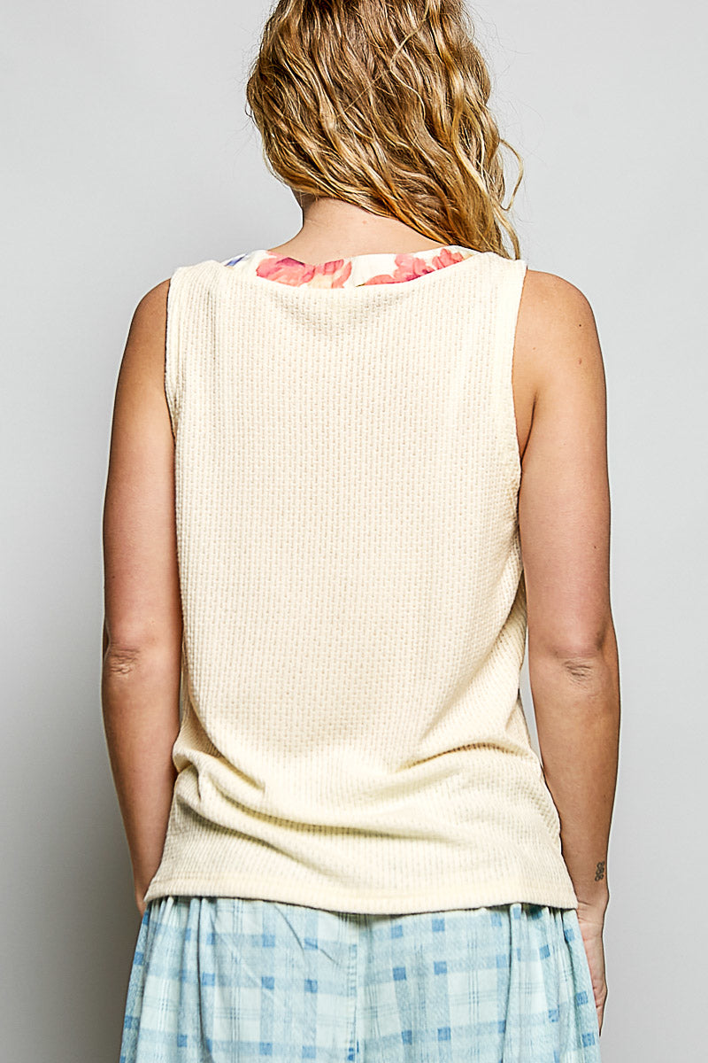POL Ribbed V-Neck Tank with Contrast Floral Neckband