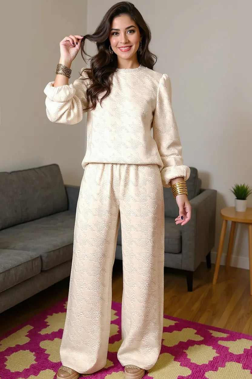 Double Take Texture Long Sleeve Top and Wide Leg Pants Set Cream