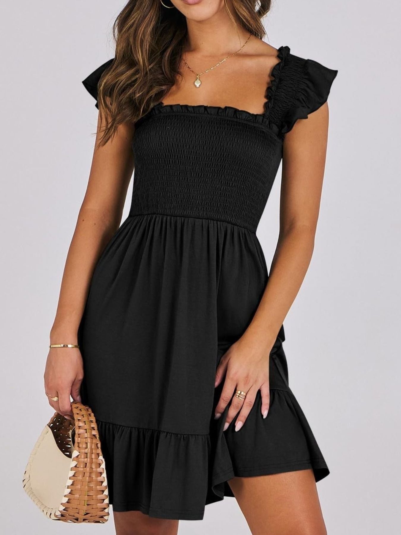 Smocked Ruffle Hem Mini Dress Black