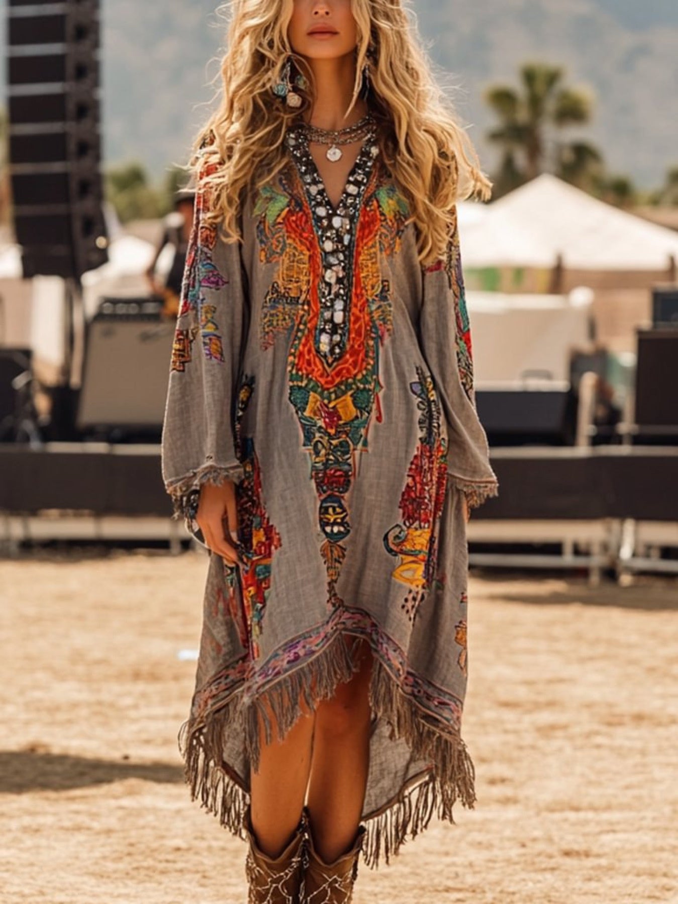 Fringe Hem Notched Long Sleeve Dress Gray