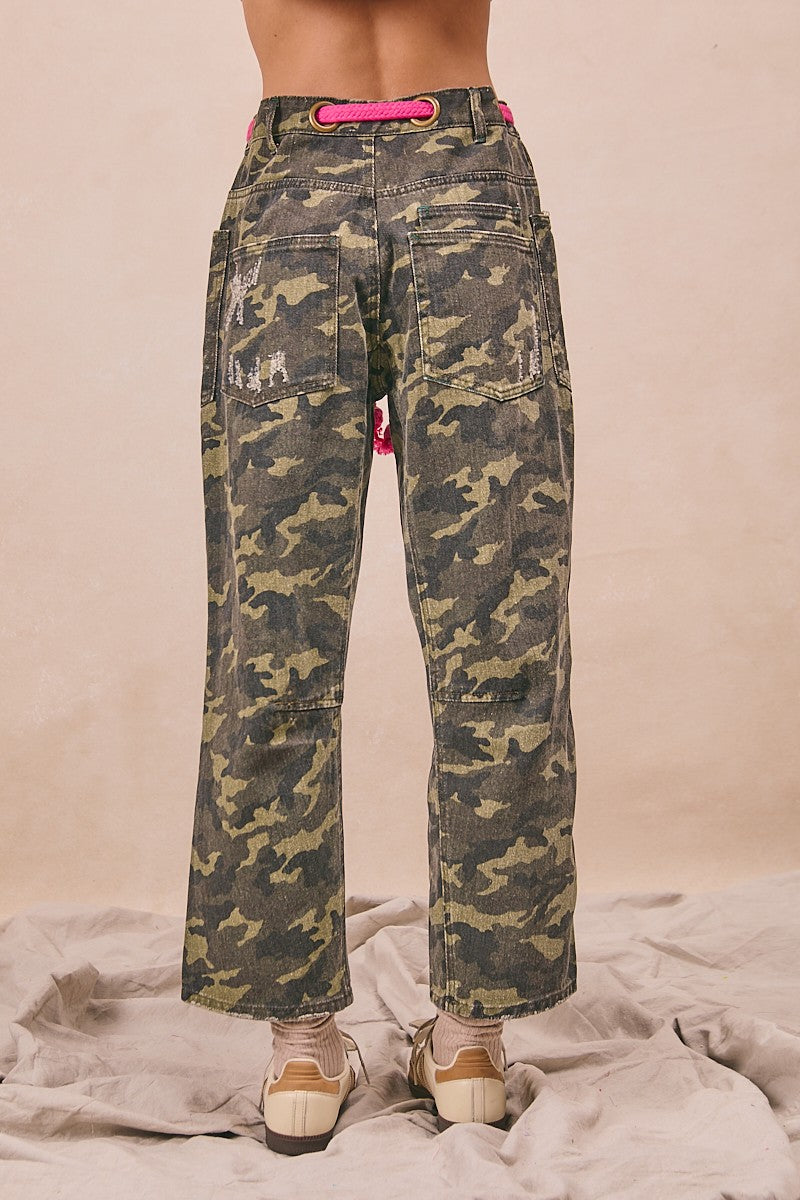 BiBi Braided Waist Belt Patch Pockets Camouflage Print Pants