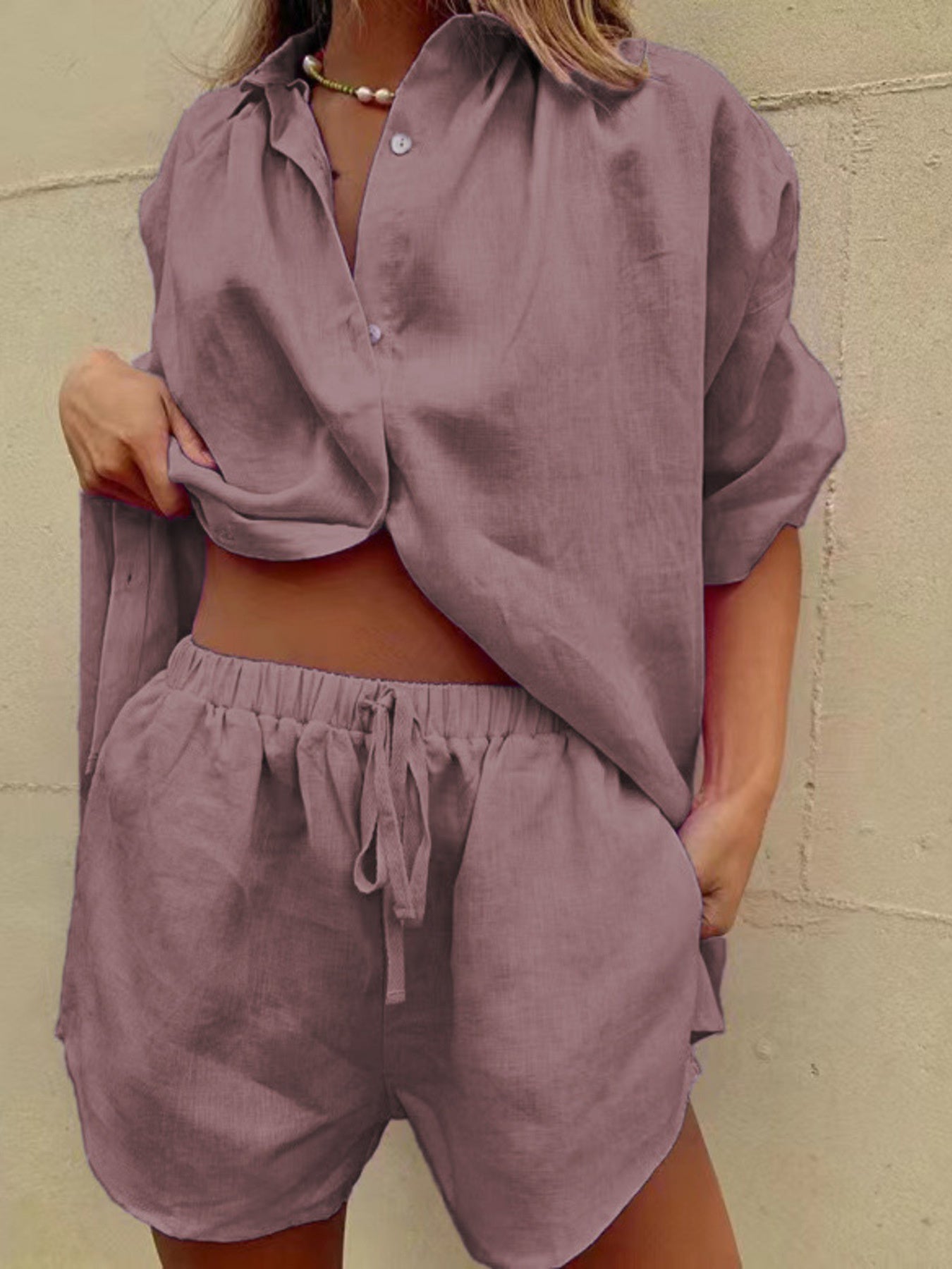 Button Up Shirt and Drawstring Shorts Set Deep Purple