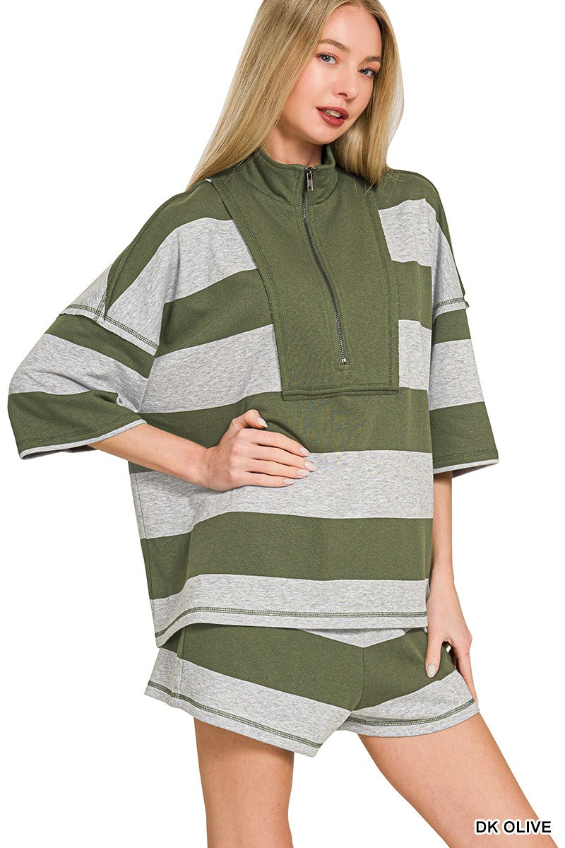 Zenana Frenchterry Striped Half Zip Top & Shorts Set
