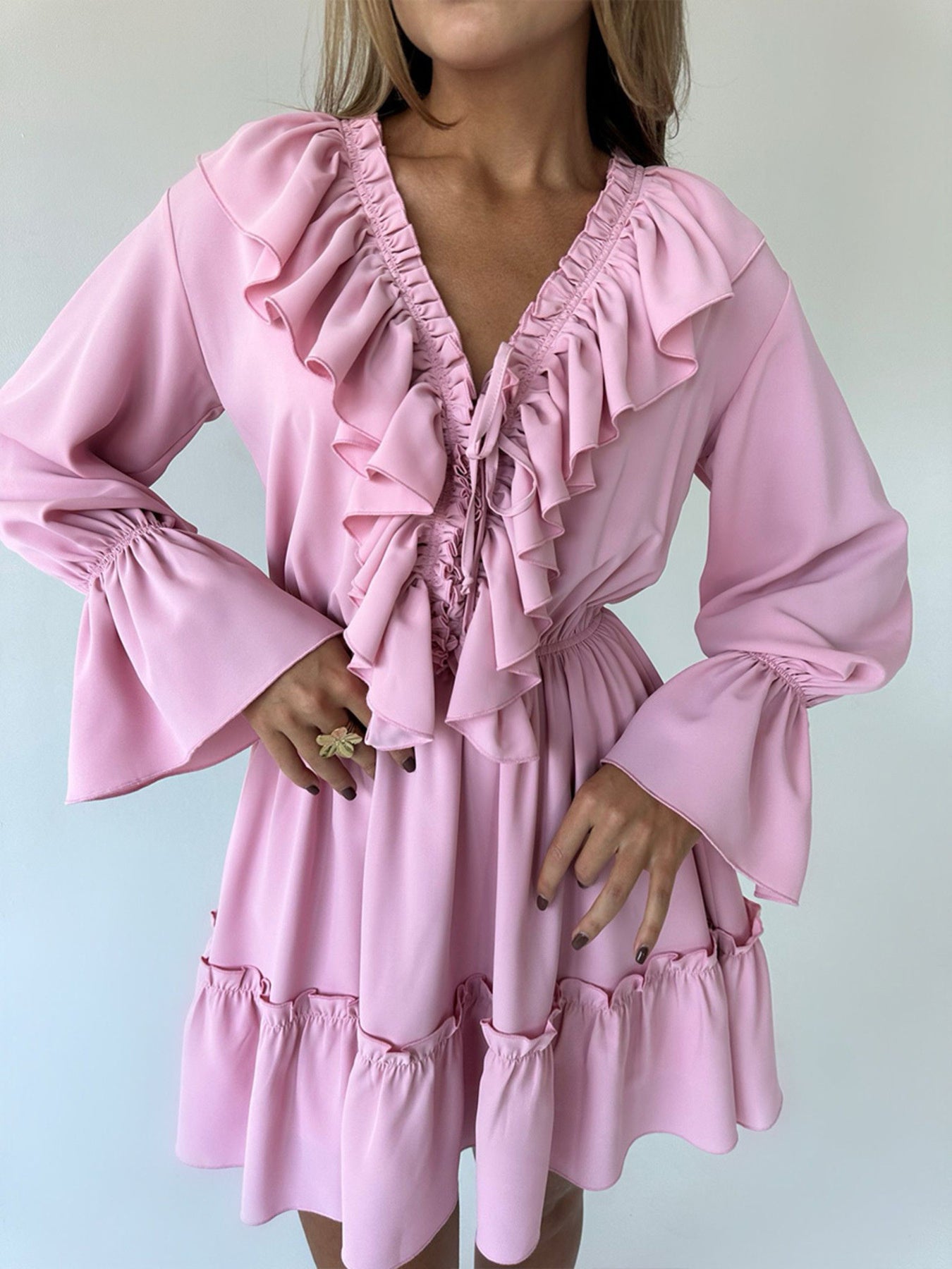 Ruffled Flounce Sleeve Mini Dress Pink