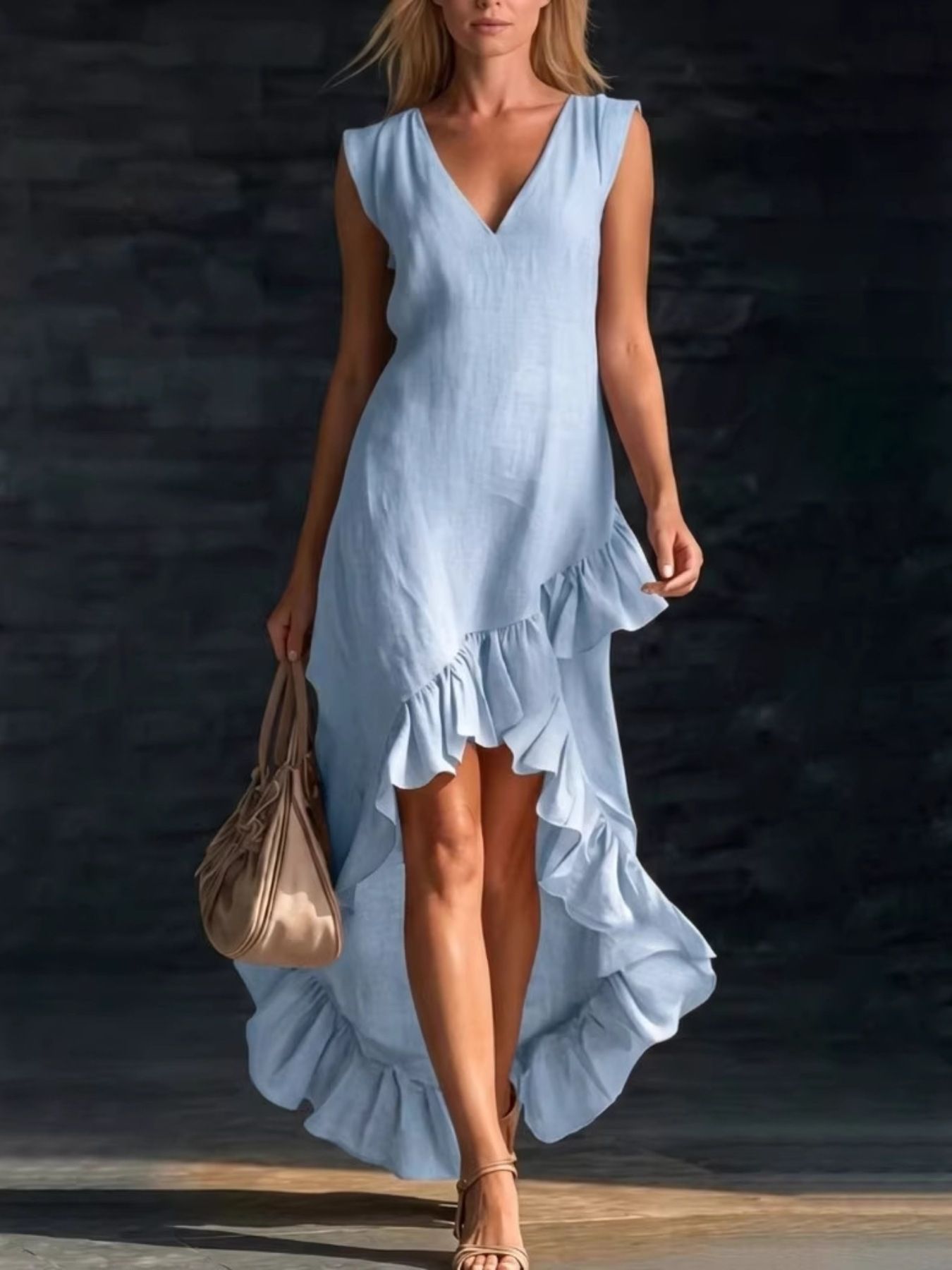 Sleeveless V-Neck Ruffle Hem High-Low Dress Light Blue