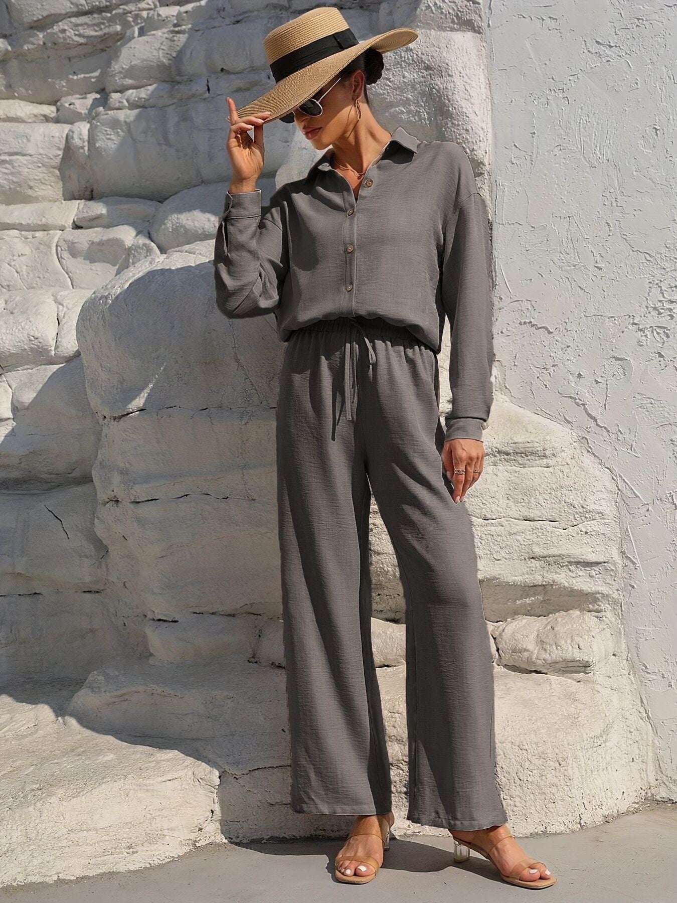 Button Up Long Sleeve Shirt and Pants Set Gray