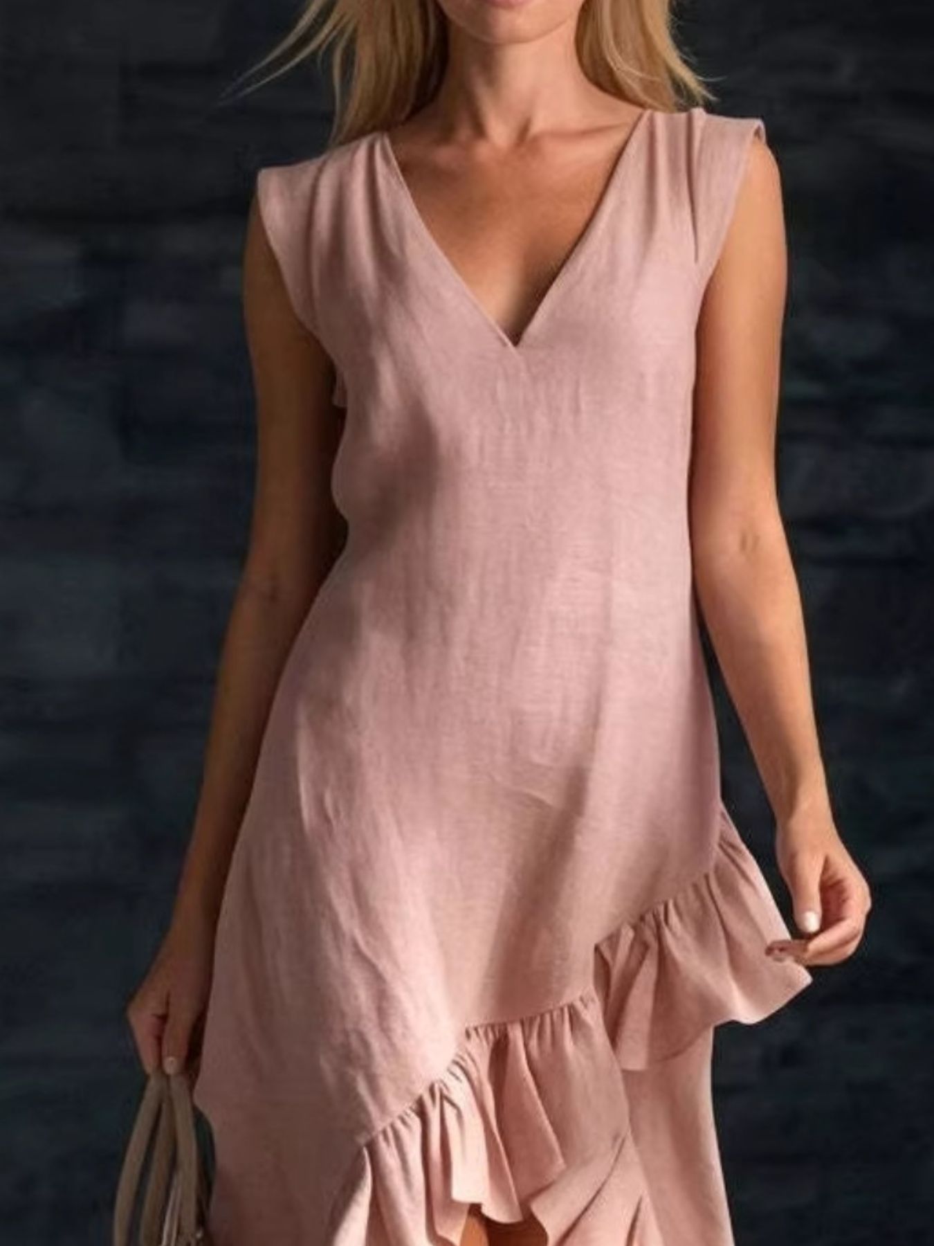 Sleeveless V-Neck Ruffle Hem High-Low Dress Dusty Pink