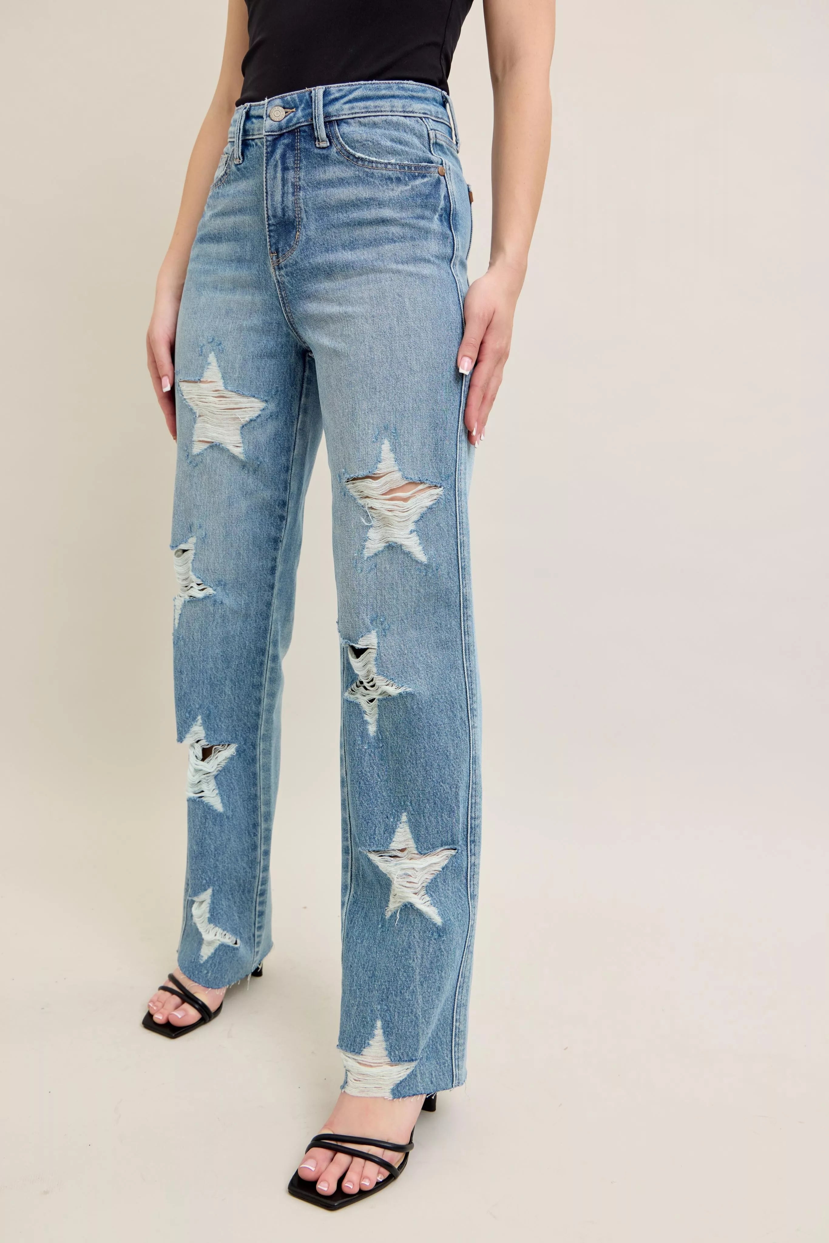 Judy Blue High Waist Rigid Magic Star Shaped Destroy 90's Straight Jeans 88915