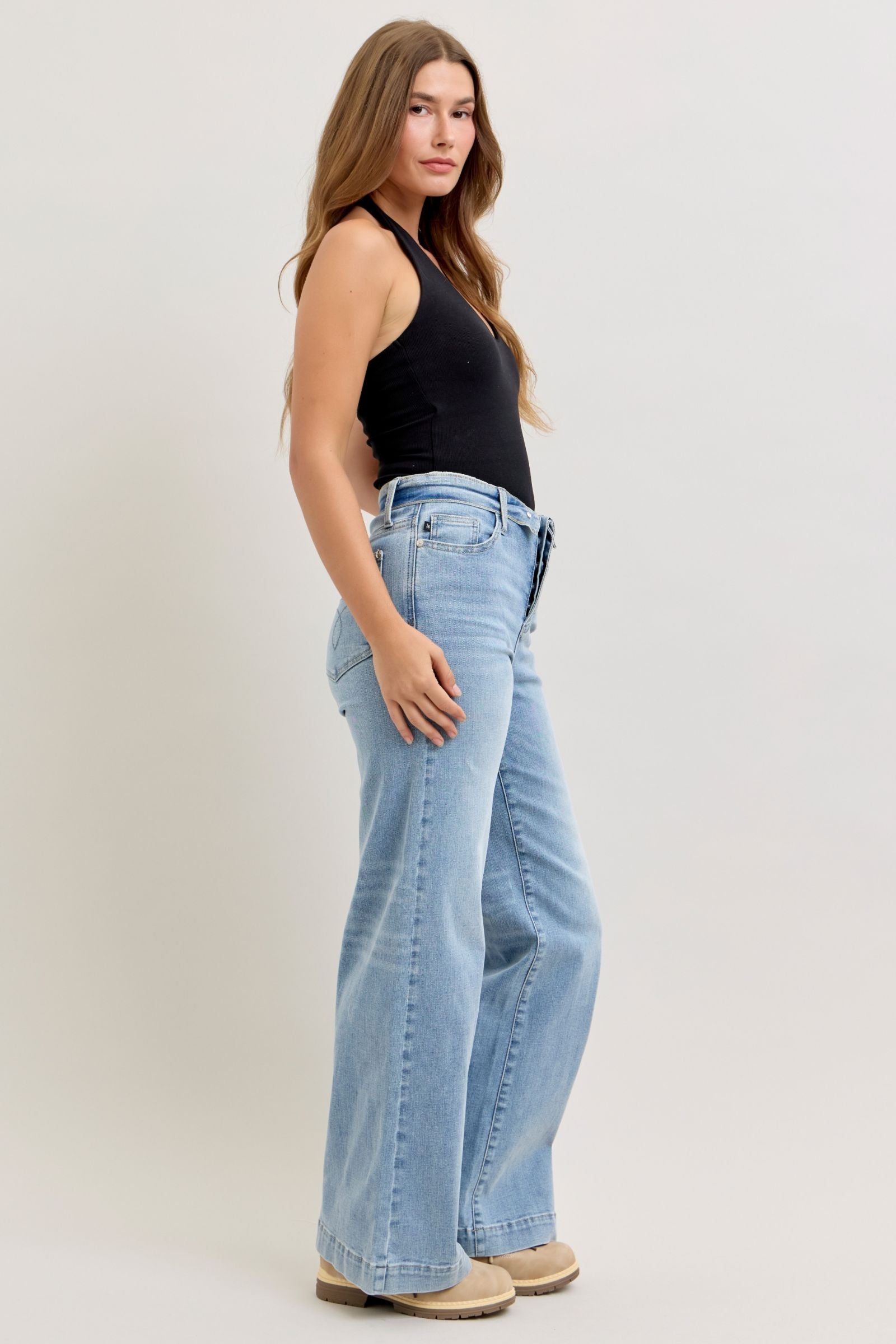 Judy Blue Mid Rise Retro Fold-over Waistband Wide Leg Denim Jeans 881104