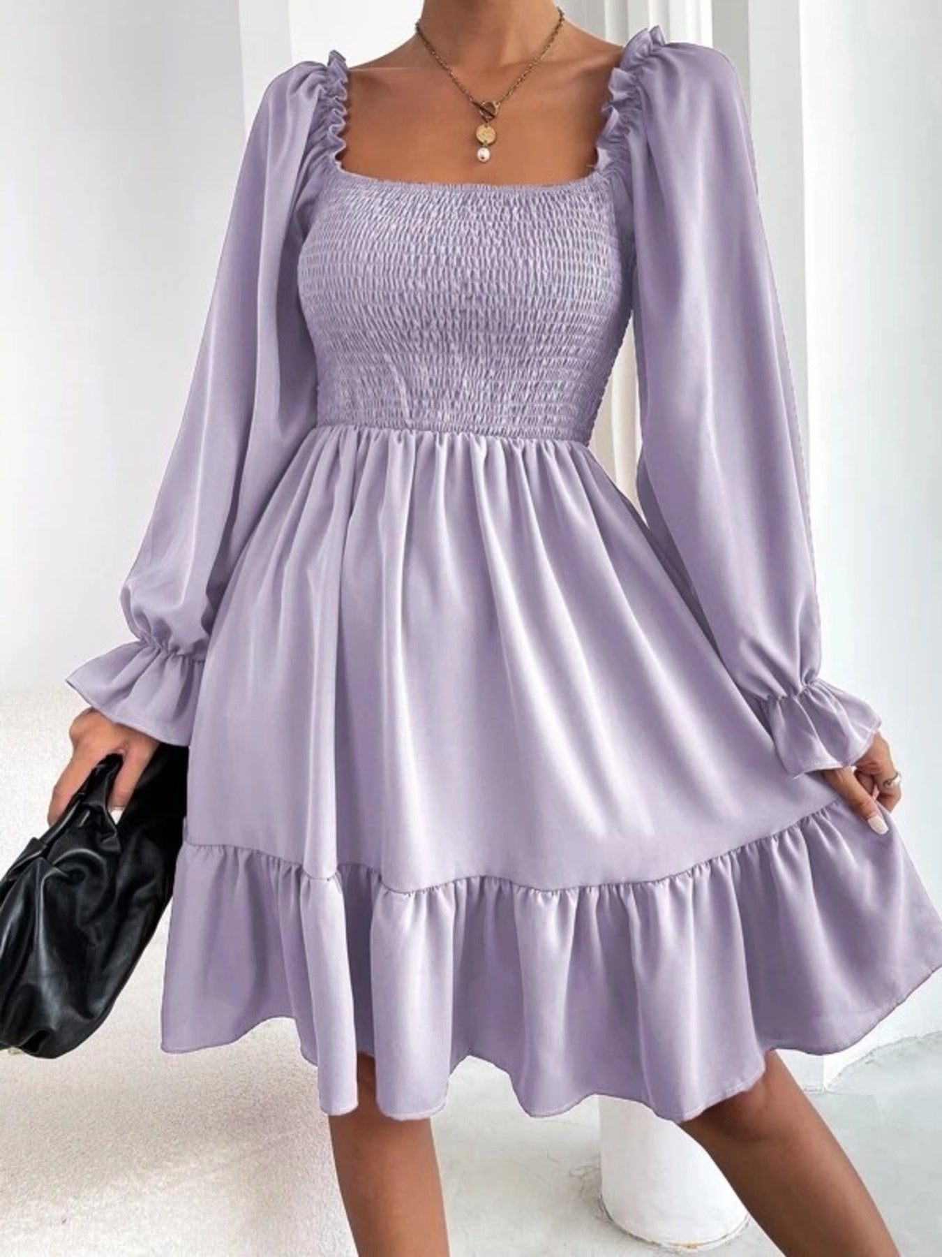 Smocked Flounce Sleeve Mini Dress Purple
