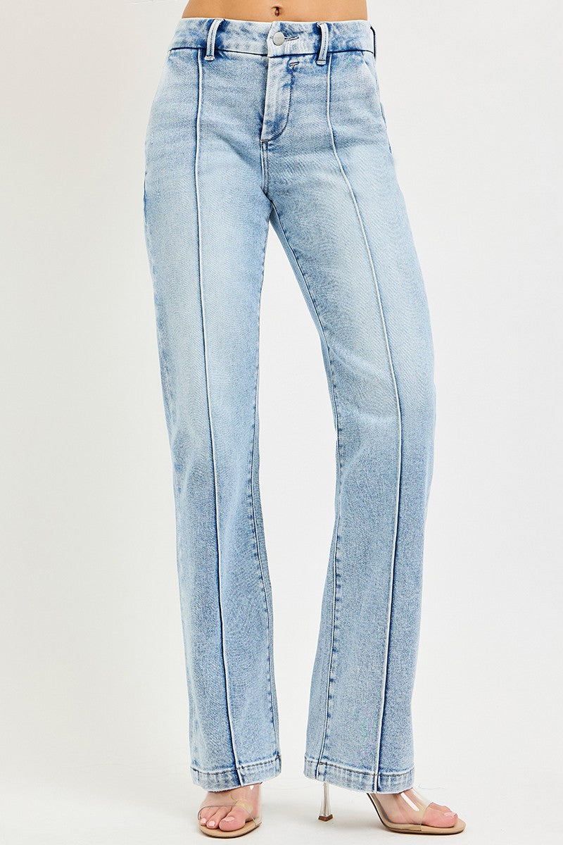 RISEN Tummy Control High Rise Straight Pin Tuck Jeans LIGHT