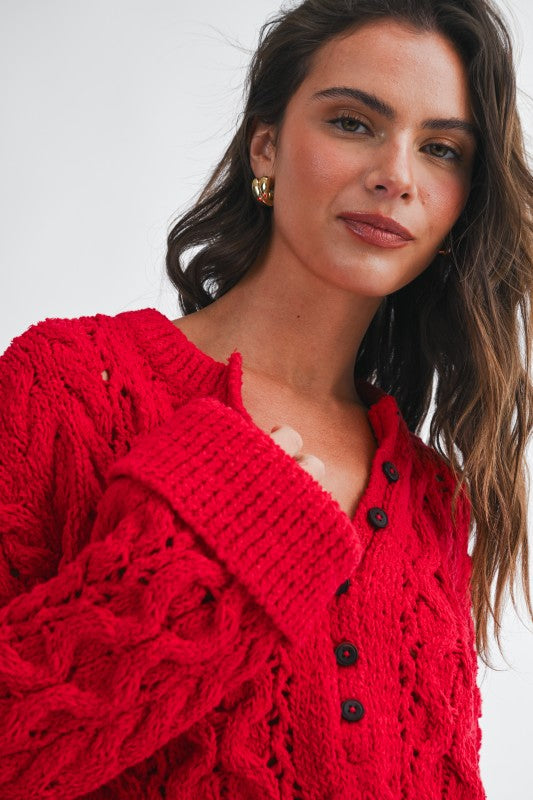 Aemi + Co Textured Cropped Henley Knit Sweater