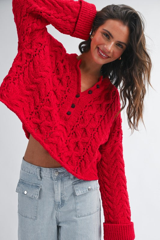 Aemi + Co Textured Cropped Henley Knit Sweater