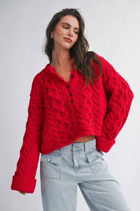 Aemi + Co Textured Cropped Henley Knit Sweater