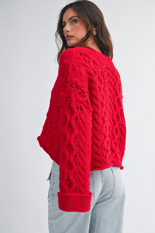 Aemi + Co Textured Cropped Henley Knit Sweater